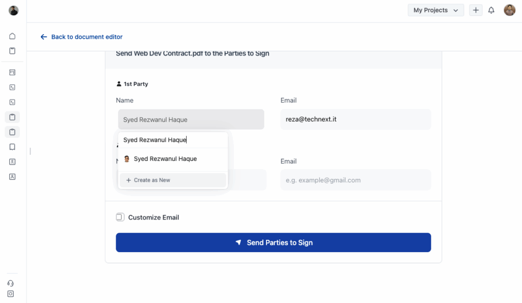 OneSuite signer setup screen with options to select or create signers, customize the signing email, and send the contract for signature.
