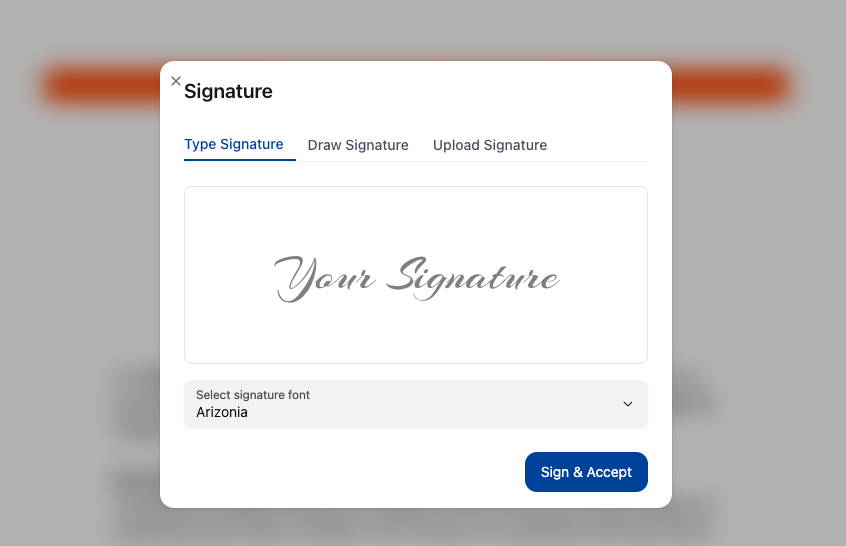OneSuite signature window showing options to type, draw, or upload a signature, with a signature preview box and a "Sign & Accept" button.
